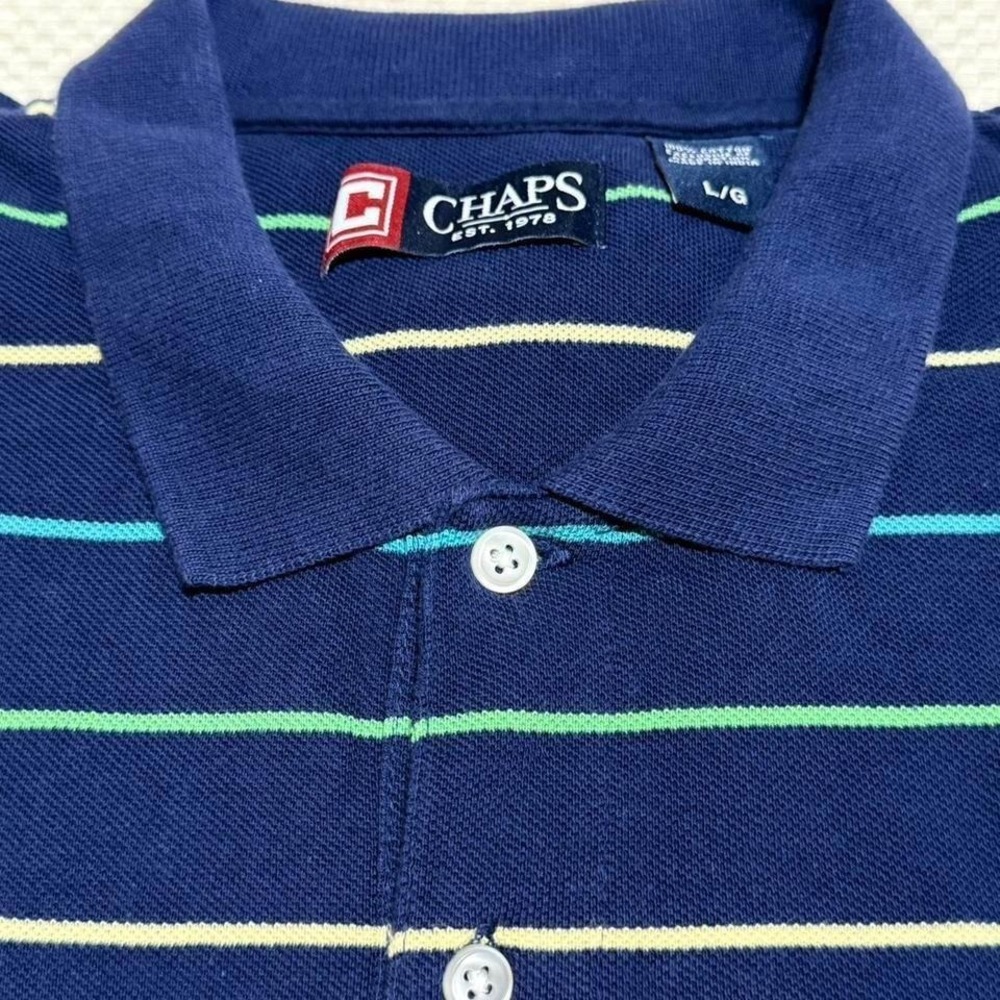 Chaps Polo Shirt Mens Large Navy Blue Striped Short Sleeve Cotton Pique Logo - Picture 7 of 8